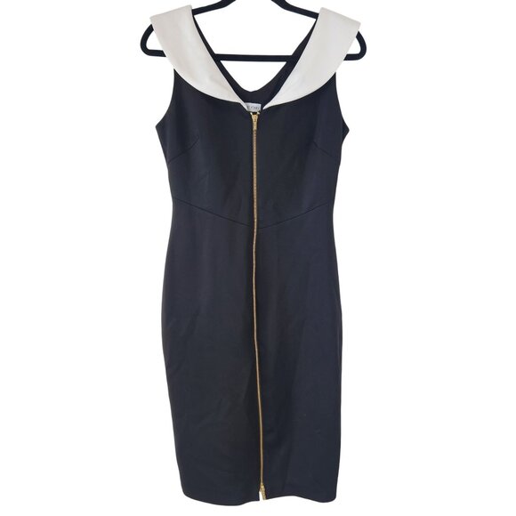 Calvin Klein Black Cocktail Dress Zip Front White Collar Formal Women's 8 - Picture 1 of 7